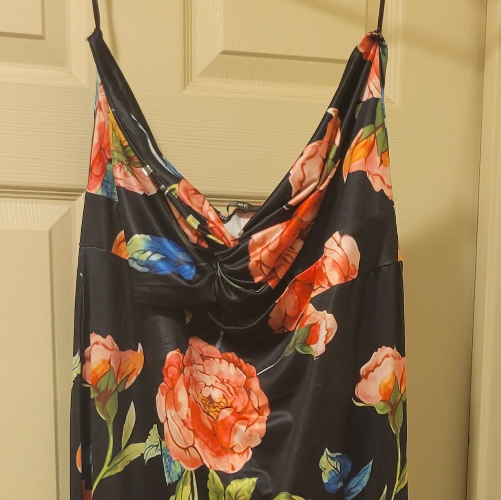 Floral Print Black Open Front Maxi Dress NWOT